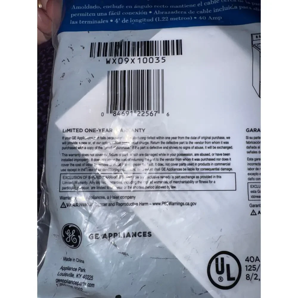 Brand New GE 4 Wire Black Range Power Cord
